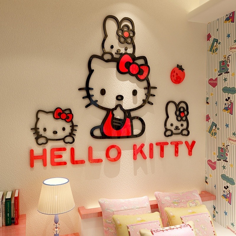 ♭ΘKT貓Hello凱蒂貓牆貼畫亞克力水晶壁貼女孩房間溫馨裝飾
