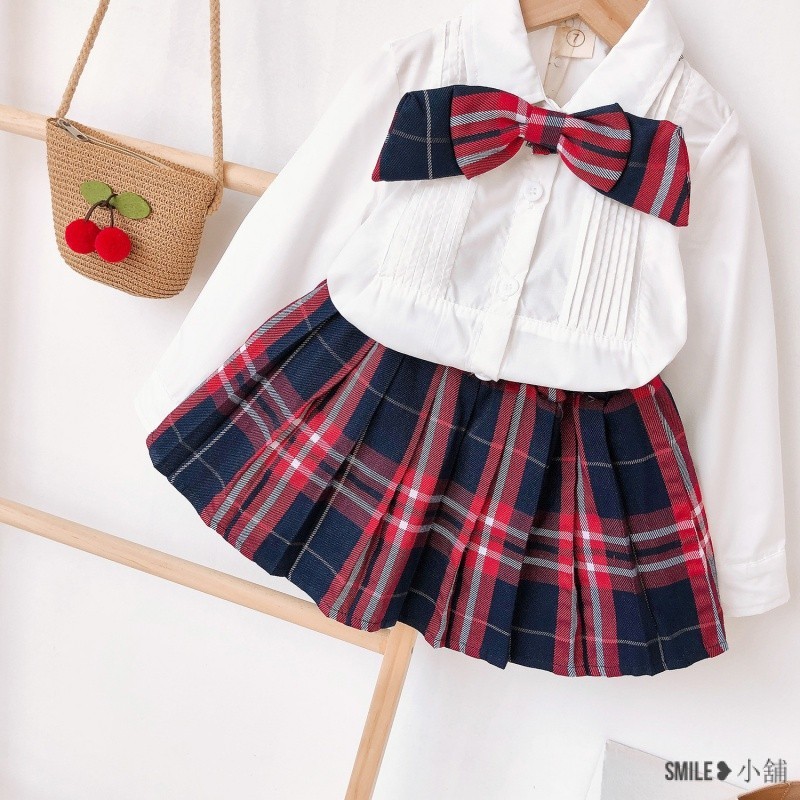 2024春夏韓版純色襯衫加格子裙 兒童套裝裙 學院風洋裝 女童 兒童學院風套裝