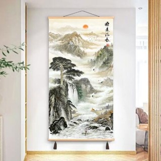 牆壁裝飾 壁掛 掛畫 客廳 臥室 辦公室 新中式山水玄關豎版卷軸布藝掛畫免打孔電箱客廳屏風過道走廊壁畫