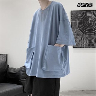 【韓潮大尺碼】【100公斤也可穿】夏季純棉ins短袖t恤女寬松韓版口袋潮流百搭個性五分袖純色上衣服大尺碼女裝