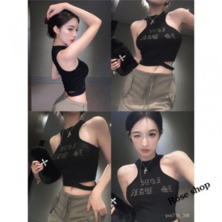 【臺灣出貨】🍋黑色複古字母弔帶背心女裝夏季辣妹美式緊身工字短款無袖上衣外穿