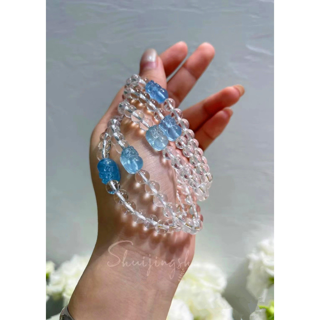 DIMO 頂級 海藍寶貔貅白水晶手串 天然白水晶海藍寶diy手鏈白水晶貔貅手串