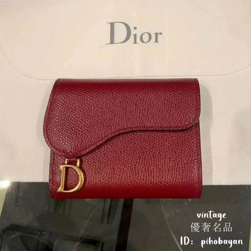 DIOR 迪奧 S5652C LOTUS 馬鞍錢包 紅色三折錢包 皮夾 短夾