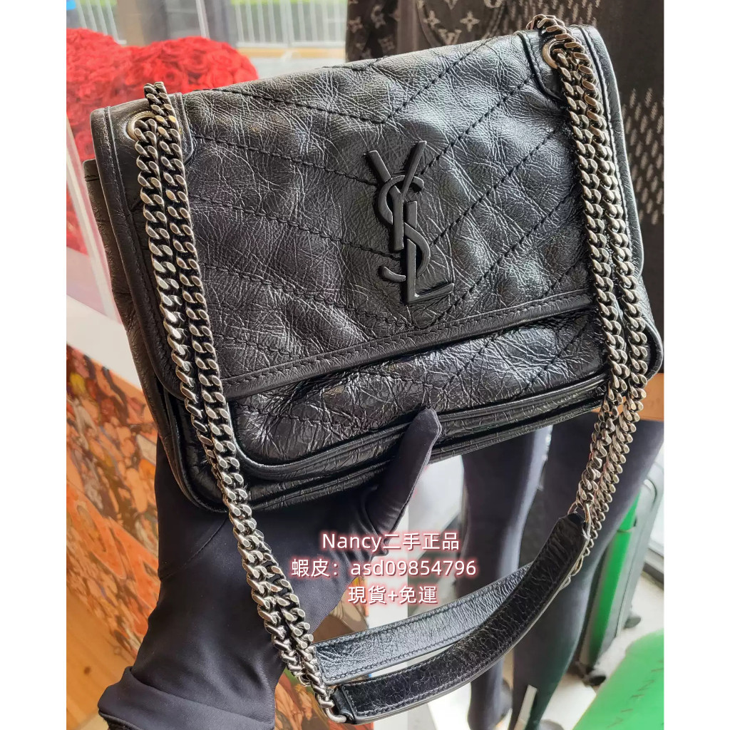 二手現貨 SAINT LAURENT NIKI 迷你褶皺復古皮革手袋包 633160 聖羅蘭 YSL 黑銀鏈條包 斜挎包