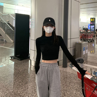 Ruby大尺碼女裝設計感長袖露臍顯身材打底衫女2024韓版修身顯瘦上衣內外可穿t恤