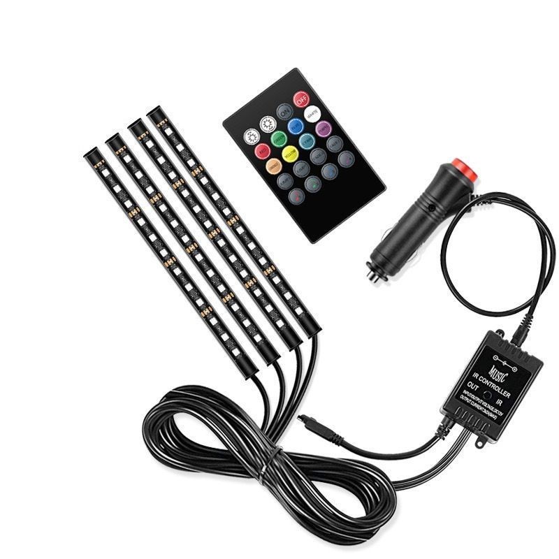 汽車LED氣氛燈12燈七彩聲控拖四48SMD音樂帶遙控USB腳底氛圍燈RGB