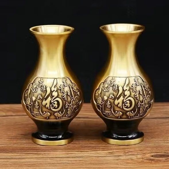 銅花瓶 擺件 純銅一對福字花瓶 傢居吧臺裝飾 插花幹花瓶 供奉臺裝飾