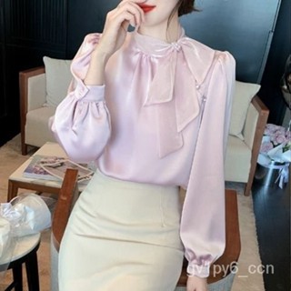 希希の衣櫥法式蝴蝶結飄帶襯衫女氣質高階光澤感超僊小衫春秋裝雪紡長袖上衣 襯衫外套 襯衫洋裝 襯衫套裝 襯衫短袖