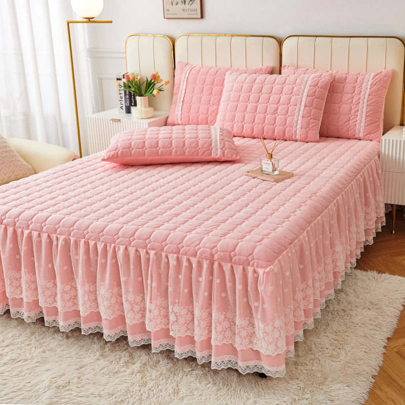【好太太】公主风牛奶绒夹棉床裙单件床罩床盖蕾丝花边三件套床单带花边纯色