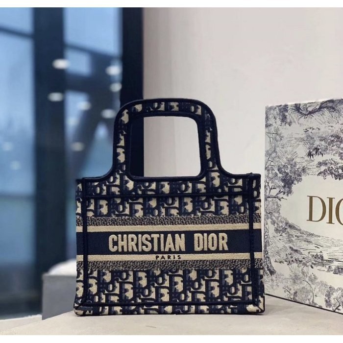 精品二手 全新真品 DIOR 海軍藍 logo BOOK TOTE 帆布 刺繡 MINI 購物包 M1271ZRIW