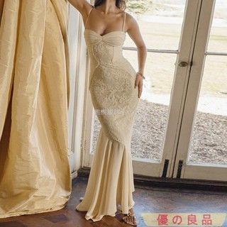 台灣出貨 歐美2024春夏女裝新款法式輕熟風 吊帶 長裙 純欲性感蕾絲褶皺 連衣裙