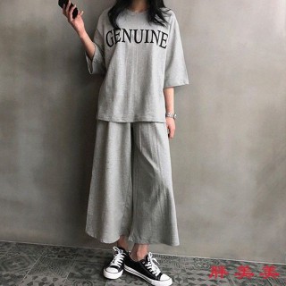 【M-5XL大尺碼】大尺碼套裝 休閒女裝 夏季套裝 特大碼2-300斤女字母寬鬆短袖T恤兩件套胖mm闊腿褲休閒運動套裝夏