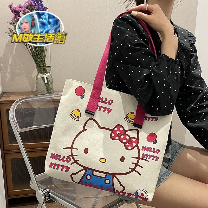【熱賣】甜美 少女心 學生 單肩包包 2024 流行可愛 印花 凱蒂貓大容量 拉鏈帆佈包