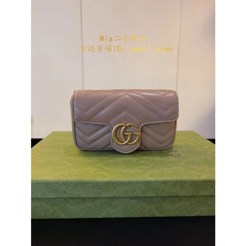 Mia二手 GUCCI GG Marmont 黑色 裸粉色 牛皮 金鍊 斜背 16 公分 迷你型 476433