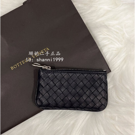 珊妮二手 BOTTEGA VENETA BV 黑色 編織 小羊皮 拉鍊零錢包 鑰匙包 卡夾 皮夾 131232 現貨