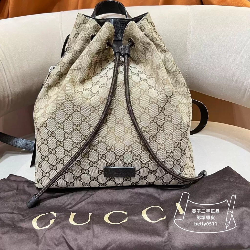 GUCCI 老花logo抽繩包 449175 雙肩包 男女同款後背包 古馳帆布水桶包