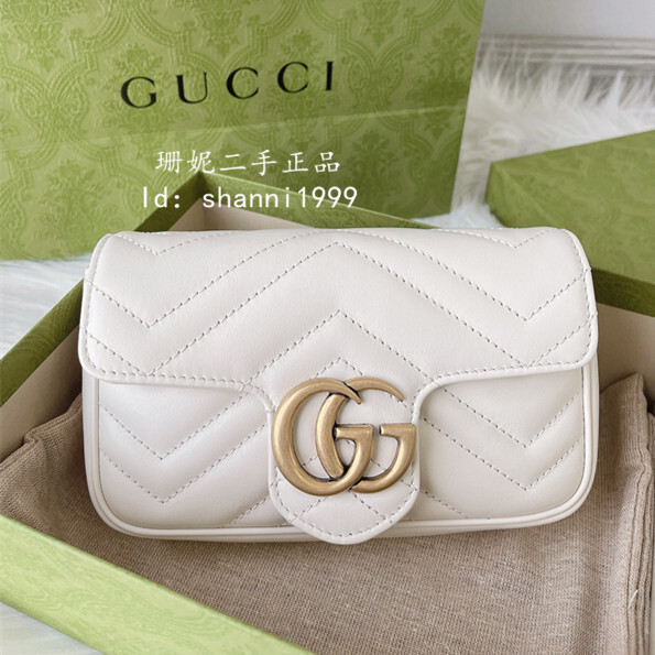 珊妮二手 GUCCI 古馳 GG Marmont Super mini 白色 鏈條包 單肩包 斜背包 476433 現貨