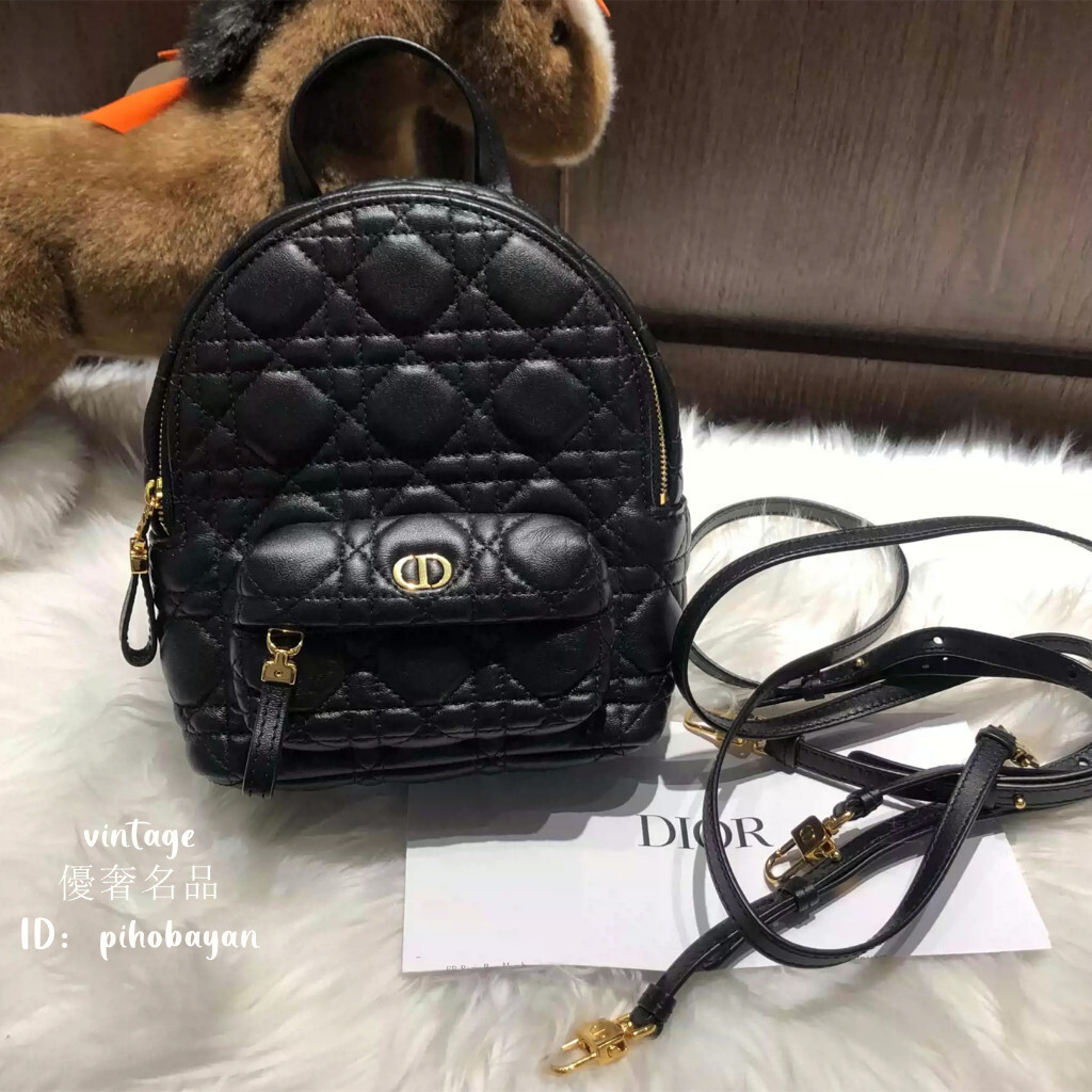 優奢二手 DIOR 迪奧 M9222U Backpack 黑色 羊皮 藤格紋 迷你 雙肩包 書包 後背包