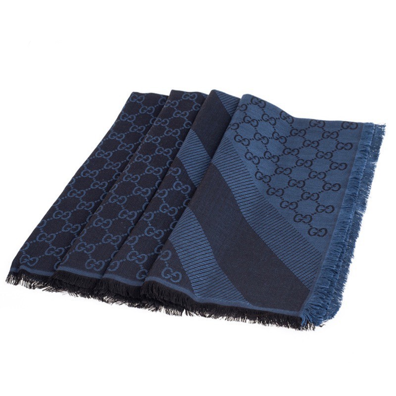 二手正品 GUCCI GG提花線條羊毛混絲斜紋雙色流蘇 黑藍 披巾 圍巾