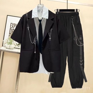 會琴服飾 夏季中性風套裝韓版寬鬆學院風短袖襯衫+西裝外套工裝褲三件套潮 尺碼S-2XL 白色襯衫 黑色襯衫 外套 工裝褲