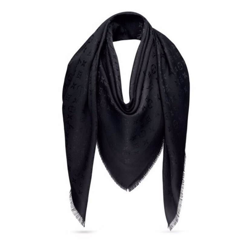 二手正品 Louis Vuitton LV Denim Monogram 印花絲羊毛披肩 圍巾 黑色 M71329