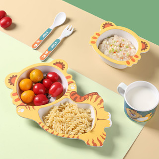 兒童餐具 寶寶餐盤 餐盤 託盤 飯勺 叉子 竹縴維 兒童餐具 防燙 可愛 卡通 飯碗 分格 傢用 嬰兒輔食 套裝