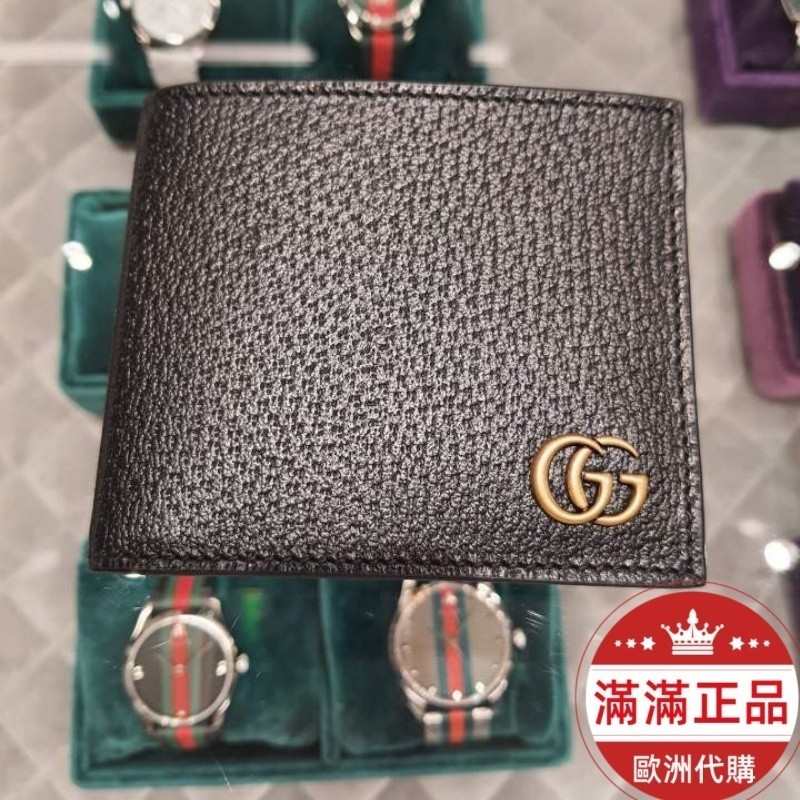 歐洲代購 專櫃商品 GUCCI 古馳短夾 428726 Marmon GG 黑色 對折八卡 皮夾 錢包二手