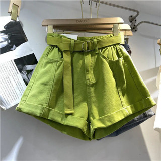 Yelly's~Shop果綠色胖mm休閒牛仔褲2024夏季新款高腰捲邊闊腿短褲百搭顯瘦熱褲