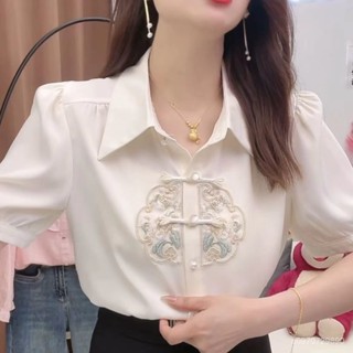 🌟臺灣發貨 新中式上衣 國風刺繡緞面襯衫女 漢服上衣 高階感襯衣 春夏 時尚設計感上衣 旗袍上衣 古裝 上衣女 RGSC