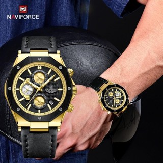 【台灣出貨】Naviforce 8028 豪華皮革男士手錶時尚男士石英手錶計時碼表多功能男士手錶