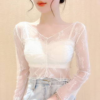 蕾絲打底衫 透明上衣女吊帶裙內搭女紗衣蕾絲打底衫網紗鏤空長袖透明薄款罩衫短款上衣仙 長袖防曬T恤 女生上衣 疊穿