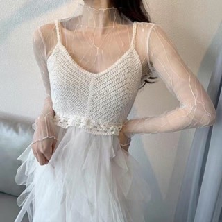蕾絲打底衫 透明上衣女透明網紗打底衫女春季新款長袖防曬內搭蕾絲小衫百搭疊穿上衣閃電 長袖防曬T恤 女生上衣 疊穿