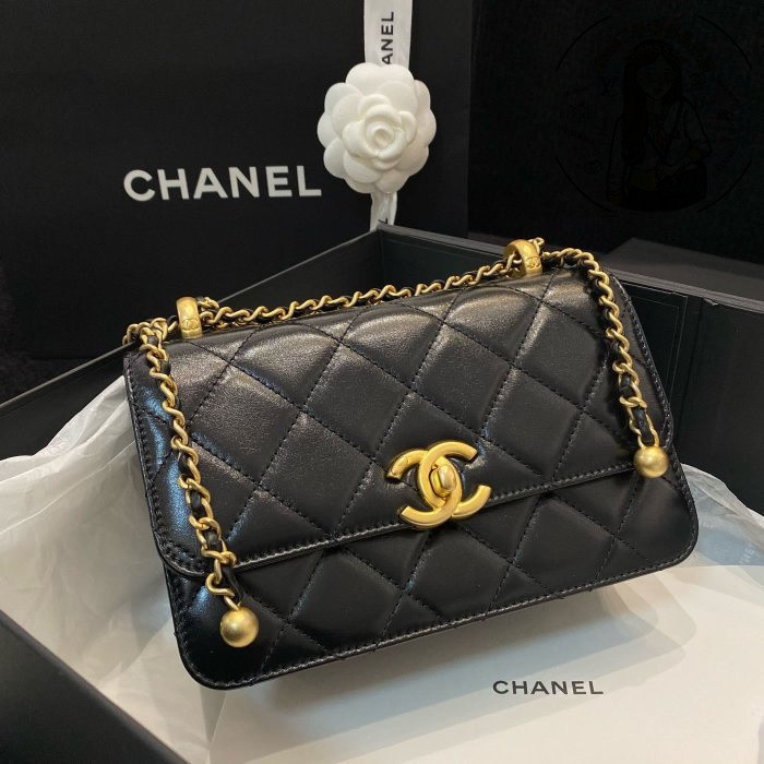 Shaw二手 Chanel 爆款 黑色 牛皮 金色 小雙金球 19cm 口蓋包 AS2615 現貨