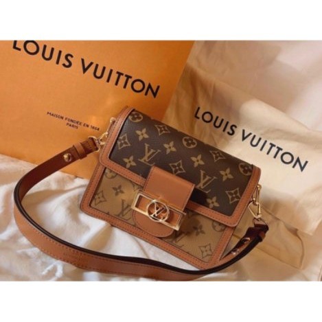 二手精品 Louis Vuitton LV DAUPHINE 達芙妮 Mini 帆布 拼皮郵差包M44580