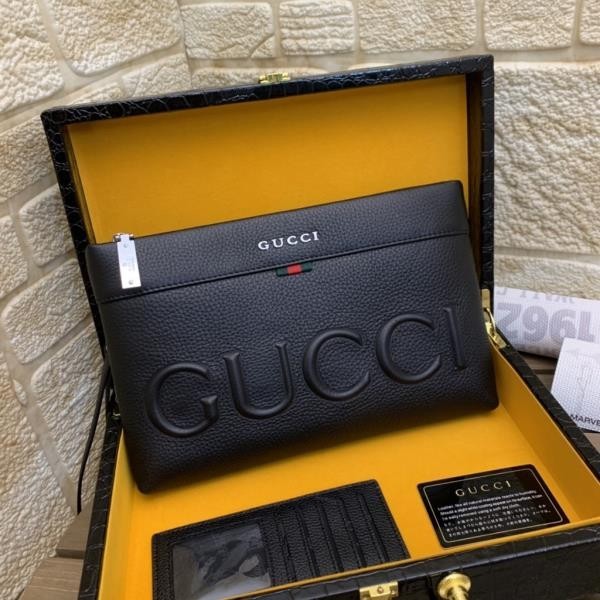 正品二手GUCCI 古馳黑色手包 牛皮手拿包 拉鍊款手拿包 男包尺寸28x18x3cm