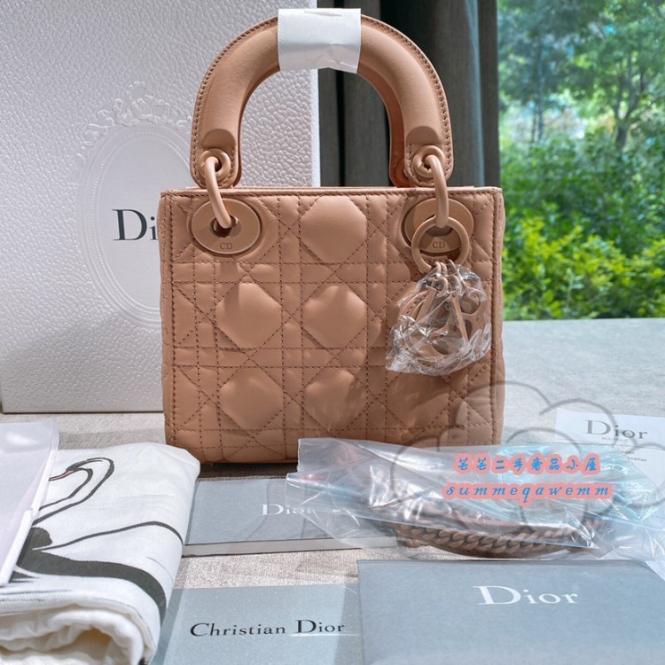 全新二手Dior迪奧 LADY DIOR MINI迷你奶茶色三格戴妃包/鏈條包/手提包/單肩包/斜背包