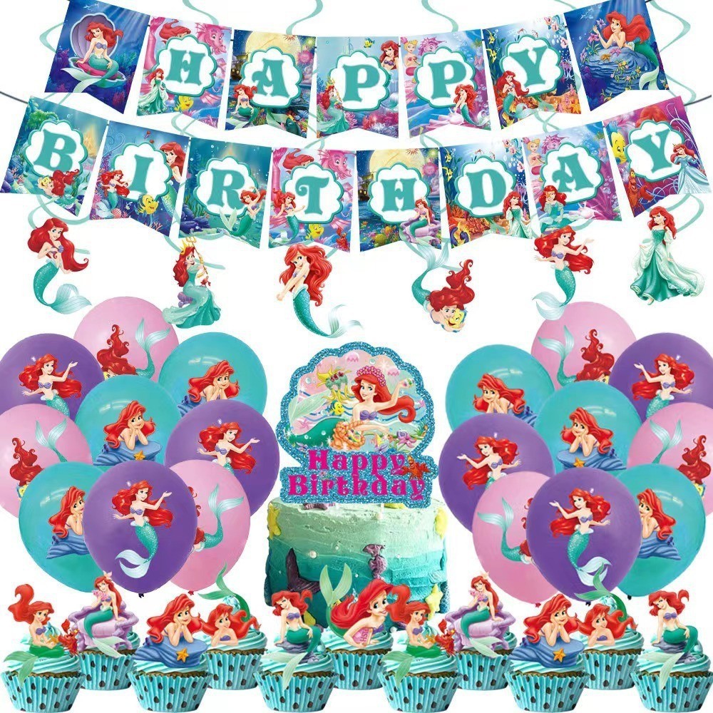 👍Belle's mall👍小美人魚公主主題生日派對裝飾氣球拉旗橫幅蛋糕插道具用品