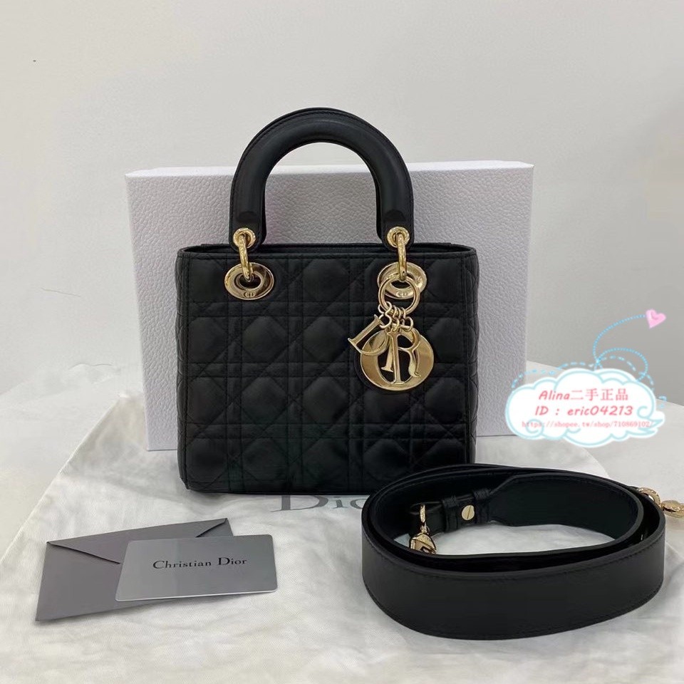 【Alina二手正品】DIOR 迪奧 LADY DIOR 黑色羊皮滕格紋 小號 四格 戴妃包/手提包/肩背包/斜挎包