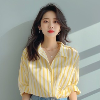 SY長袖襯衫防曬衣黃白色豎條紋襯衫女早新款長袖上衣歐貨洋氣小衫爆款海邊防曬衫翻領上衣