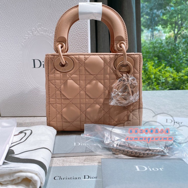 二手精品 Dior迪奧 LADY DIOR MINI迷你奶茶色三格戴妃包/鏈條包/手提包/單肩包/斜背包