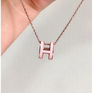 二手 Hermes 愛馬仕 經典橢圓 Pop H Logo (粉色+玫瑰金)銀鍊項鍊