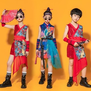 cosplay角色扮演 兒童表演服走秀潮酷中國風紗裙男童女童古典舞演出服國潮旗袍爵士 新中式 禮服 性感裙子女