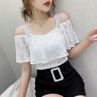 SY弔帶上衣歐貨女裝夏季新款鑲鑽鏤空一字領蕾絲荷葉邊露肩修身顯瘦短袖T恤上衣女