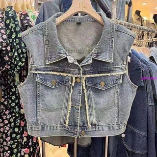 馬甲背心 牛仔外套 港風復古設計毛邊短款牛仔馬甲女夏季新款時尚無袖上衣馬夾外套潮