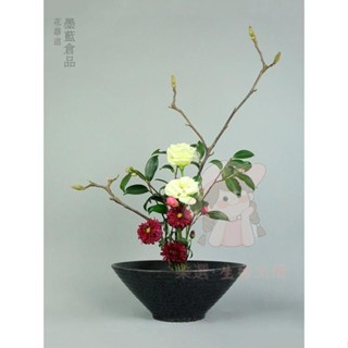 【臺灣出貨】插花美 斗笠碗型花器 中華花藝中式池坊插花器皿 日式花道陶瓷螺紋花盤熱銷