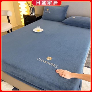 【日盛家居】山茶花刺繡保暖法蘭絨床包 加厚牛奶絨床罩 床墊保護套 單人 雙人 加大床包 牛奶絨枕頭套