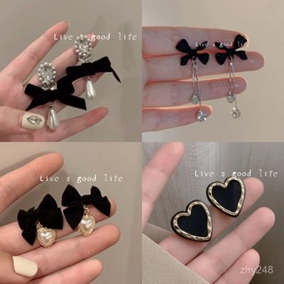 📣桃園出貨🚚複古小香風耳釘~黑色絲絨蝴蝶結耳環女氣質法式桃心珍珠耳飾