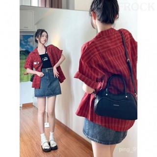 【FROCK】複古紅色格子短袖襯衫寬鬆簡約襯衣 寬鬆上衣 防曬襯衫 薄款外套 寬鬆襯衫 短袖襯衫 防曬上衣