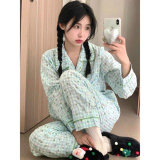 LW湯圓女裝-甜美碎花格子睡衣女春秋季新款韓係高顔值長袖少女外穿傢居服套裝睡衣/傢居服/jjf