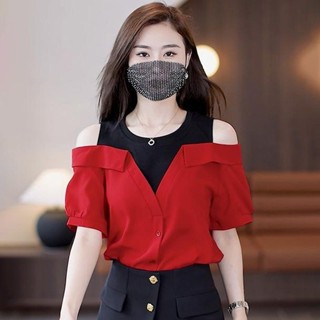 顯瘦露肩時尚假兩件襯衫洋氣百搭減齡夏季寬鬆遮肚短袖上衣女